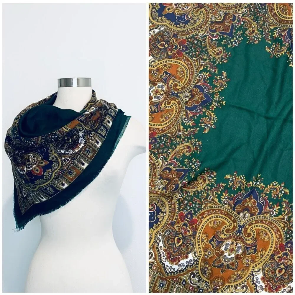 Vintage Green Wrap Scarf Paisley Floral Bright Colorful Tapestry